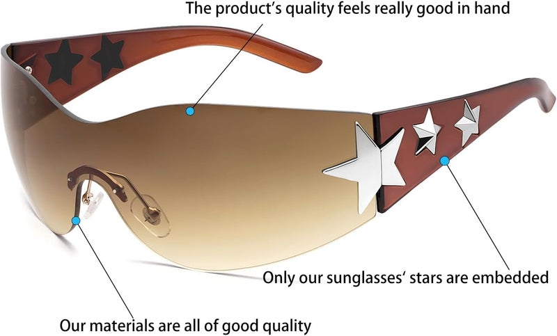 Haqptul Rimless Y2K Sunglasses Star Wrap Around Glasses 2000S Accessories for Women Men Trendy Fashion Cool Shield Shades - Image 2